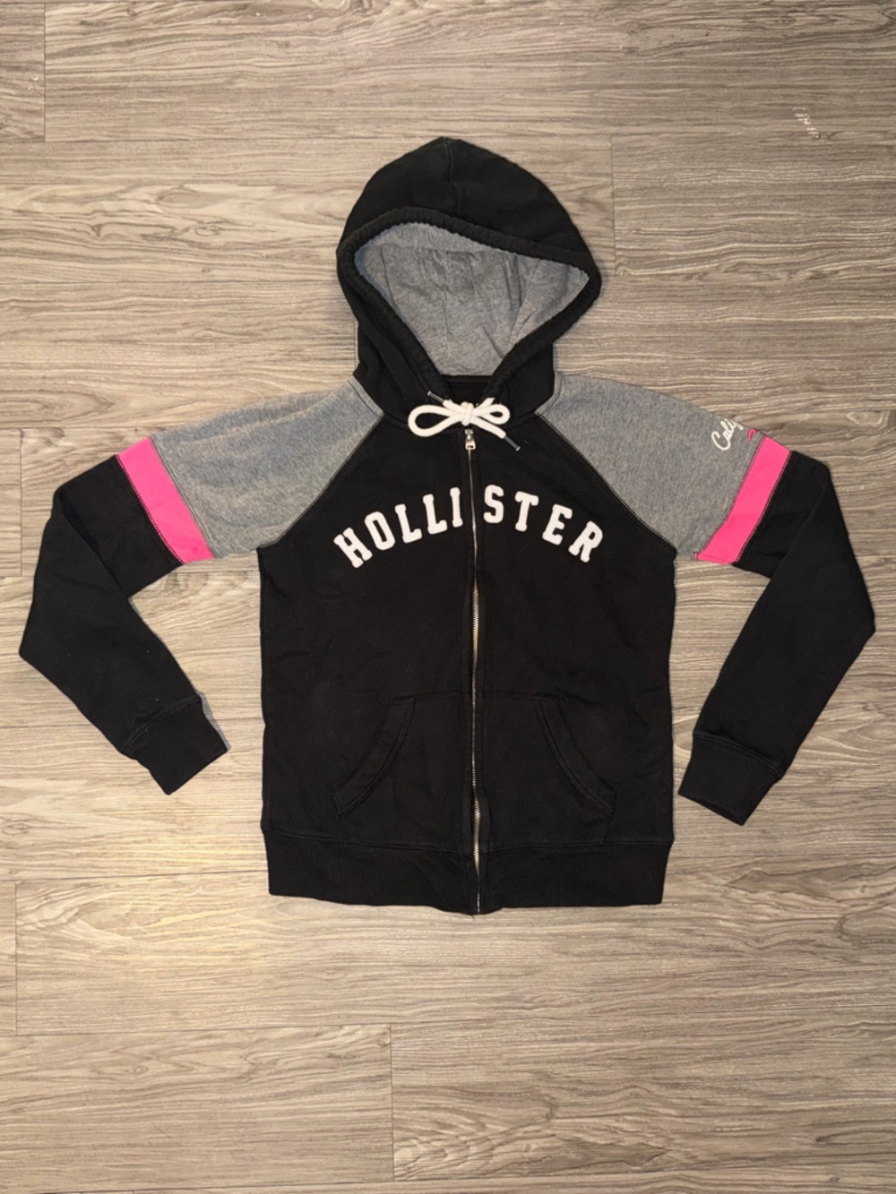 VTG Hollister Hoodie Womens Small Black Full Zip Fleece Sweatshirt Jacket Y2K